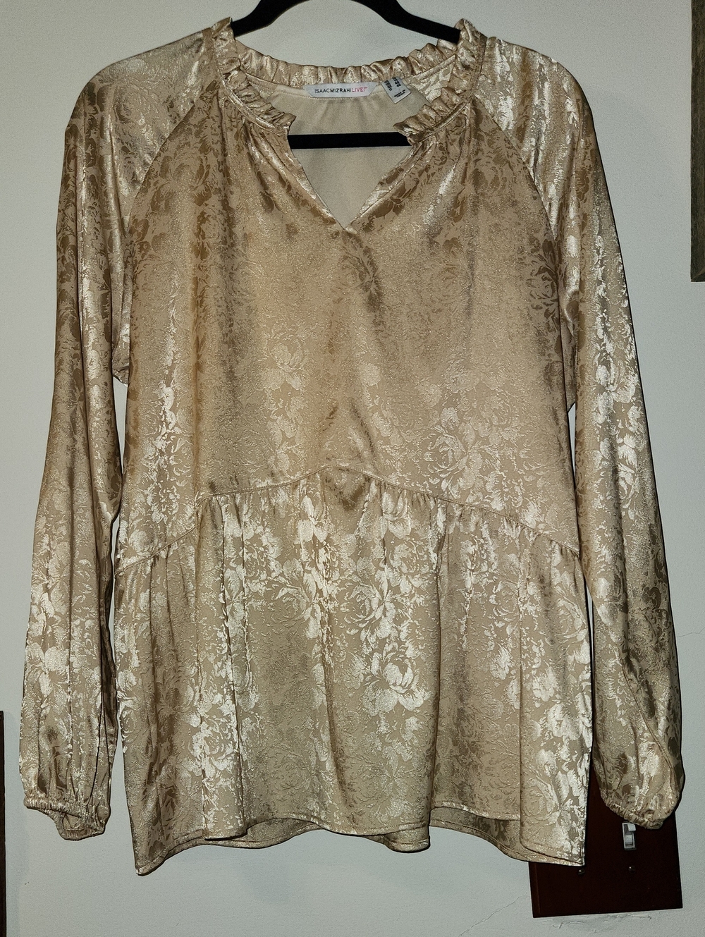 Isaac MIZRAHI Live! Champagne Floral Jacquard Long-Sleeve Peplum Top